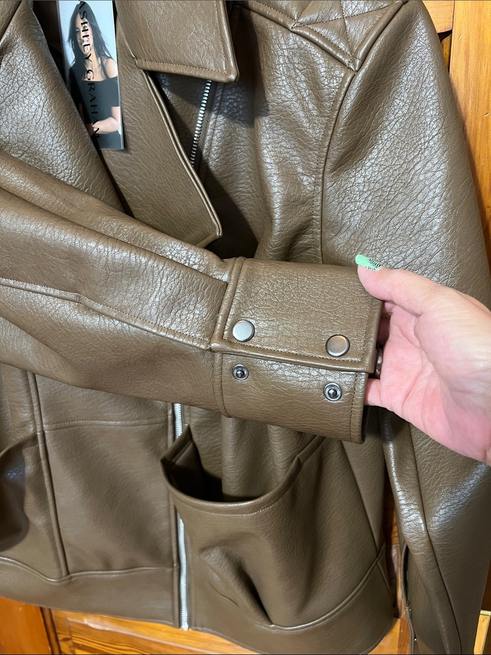 NWT Ashley Graham Faux Leather Moto Jacket Brown Size 1x - Picture 3 of 7